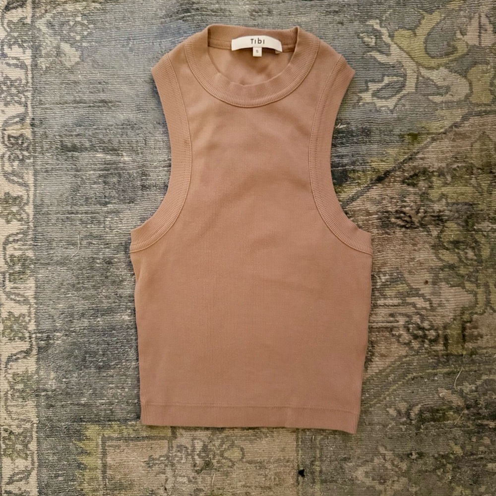 Tibi Tan Sleeveless Fitted Crop Muscle Tee